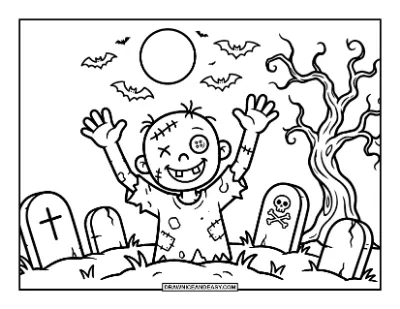 Friendly Zombie Rising from a Spooky Graveyard Coloring Page coloring page preview