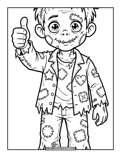 Friendly Zombie with Stitched Patches coloring page preview