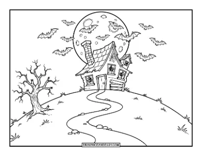 Full Moon Haunted Hill Coloring Page coloring page preview