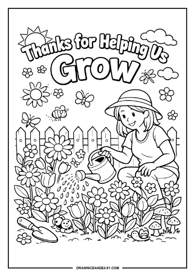 Gardening Mom "Thank You For Helping Me Grow" Coloring Page – Free PDF coloring page preview
