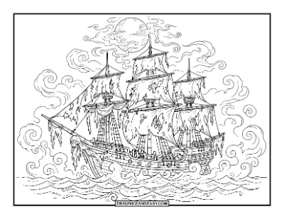 Ghost Ship on Foggy Water coloring page preview