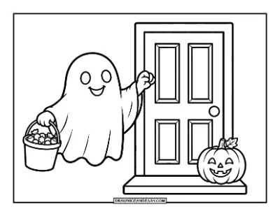 Ghost Trick-or-Treating at a Doorstep Coloring Page coloring page preview