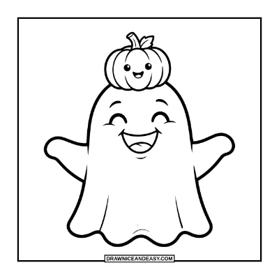 Ghost Wearing a Pumpkin Hat Coloring Page coloring page preview