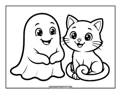 Ghost with a Black Cat Coloring Page coloring page preview