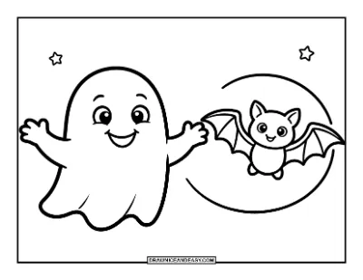 Ghost with a Friendly Bat Coloring Page coloring page preview