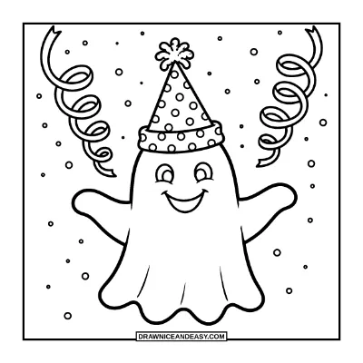 Ghost with a Party Hat Coloring Page coloring page preview