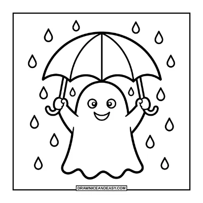 Ghost with an Umbrella in the Rain Coloring Page coloring page preview