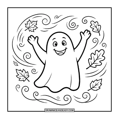 Ghost with Autumn Leaves Coloring Page coloring page preview