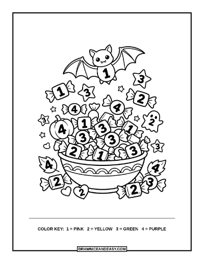 Halloween Candy Bowl Color by Number Coloring Page coloring page preview