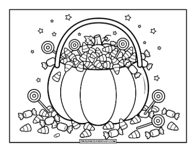 Halloween Candy Bucket Overflowing with Treats Coloring Page coloring page preview