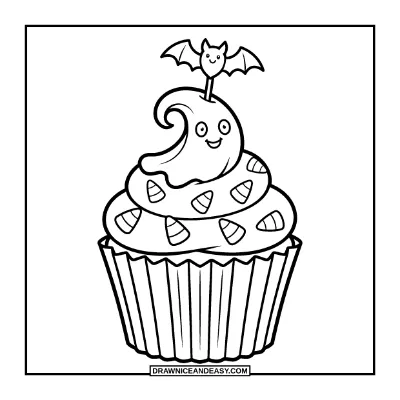 Halloween Cupcake with Ghost Frosting coloring page preview