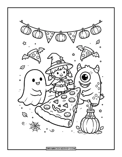 Halloween Pizza Party Coloring Page coloring page preview