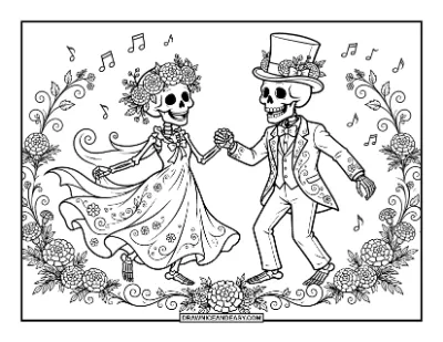 Happy Dancing Skeletons Coloring Page coloring page preview