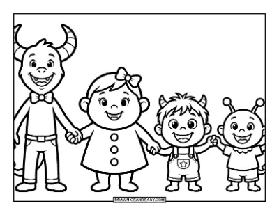Happy Monster Family Holding Hands coloring page preview