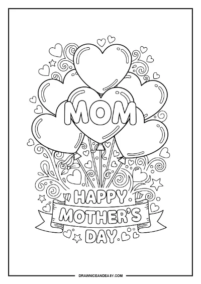 Happy Mother's Day Balloon Heart Coloring Page – Free PDF coloring page preview