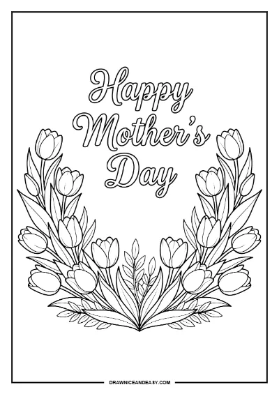 Happy Mother's Day Floral Wreath Coloring Page – Free PDF coloring page preview