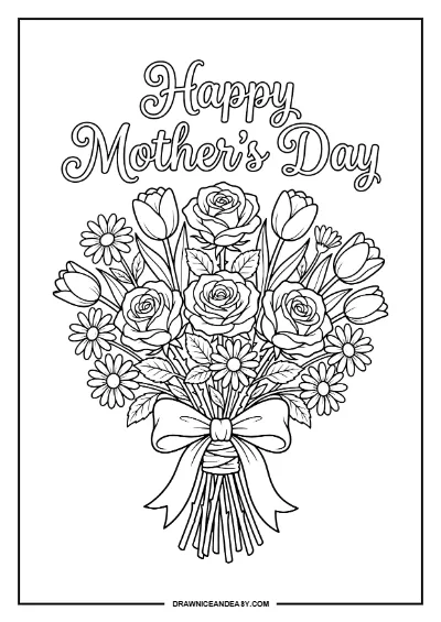 Mother's Day Rose and Tulip Flower Bouquet Coloring Page – Free PDF coloring page preview