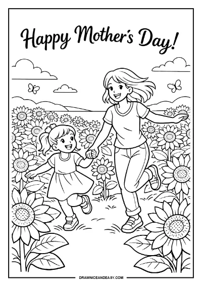 Happy Mother's Day Mom and Kids Coloring Page – Free PDF coloring page preview