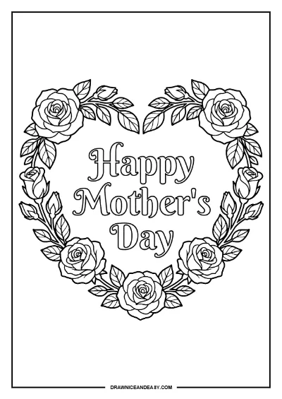 Happy Mother's Day Rose Wreath Coloring Page – Free PDF coloring page preview