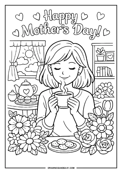 Happy Mother's Day Tea Mom Coloring Page – Free PDF coloring page preview