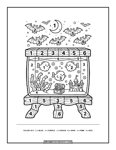 Haunted Aquarium Color by Number Coloring Page coloring page preview