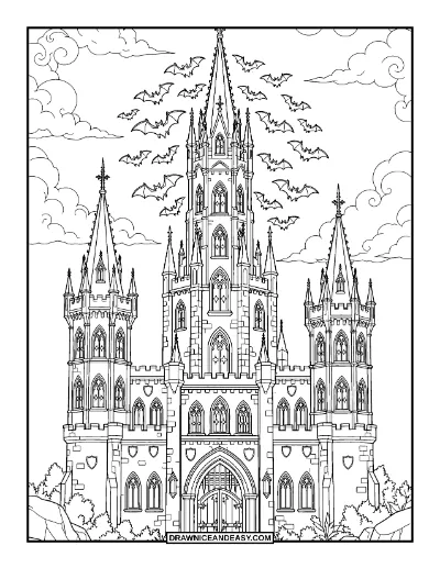 Haunted Castle with Circling Bats coloring page preview