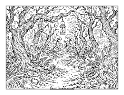 Haunted Forest Trail with a Lonely Lantern coloring page preview