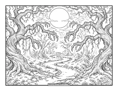 Haunted Forest with Twisted Trees coloring page preview