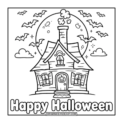 Haunted House Halloween Greeting Card Coloring Page coloring page preview