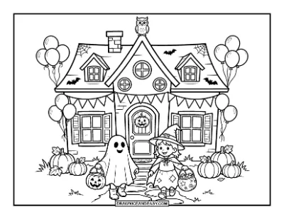 Haunted House Halloween Party Coloring Page coloring page preview