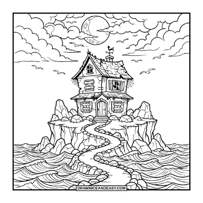 Haunted House on a Cliff by the Sea Coloring Page coloring page preview