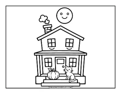 Haunted House with Black Cat on the Porch Coloring Page coloring page preview