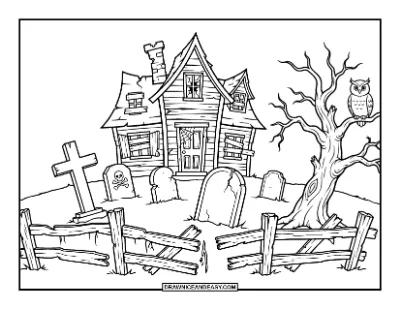 Haunted House with Graveyard Coloring Page coloring page preview