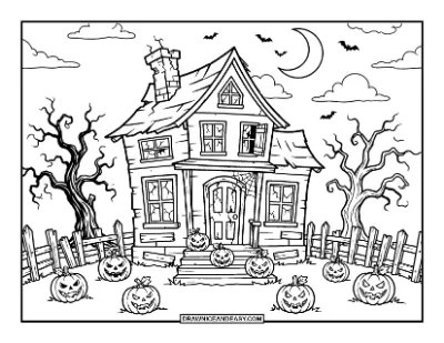 Haunted House with Jack-o-Lanterns Coloring Page coloring page preview