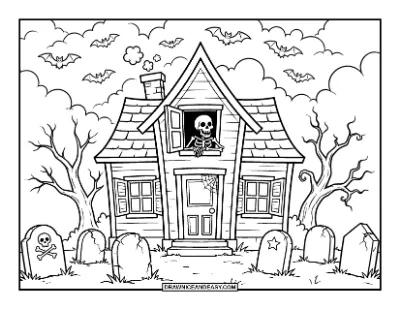 Haunted House with Skeleton in the Window Coloring Page coloring page preview