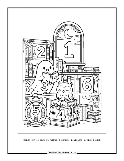 Haunted Library Color by Number Coloring Page coloring page preview