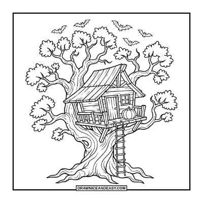 Haunted Treehouse Coloring Page coloring page preview