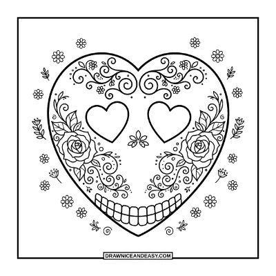 Heart Sugar Skull Coloring Page coloring page preview