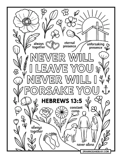 Hebrews 13:5 Never Will I Leave You Bible Verse Coloring Page – Free PDF coloring page preview