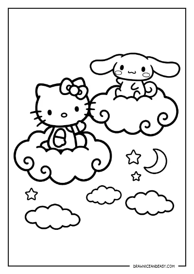 Hello Kitty and Cinnamoroll Clouds Sky Coloring Page – Free PDF coloring page preview