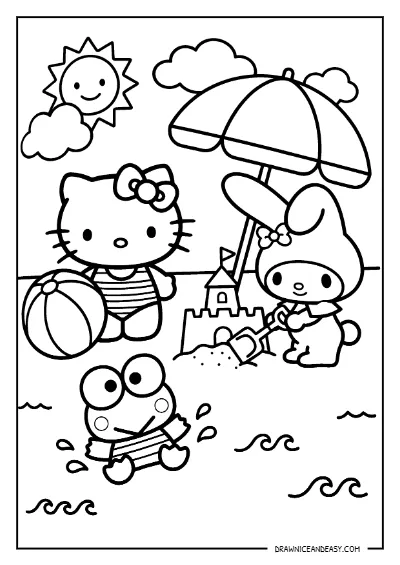 Hello Kitty and Friends Beach Scene Coloring Page – Free PDF coloring page preview