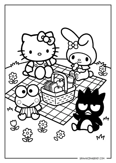 Hello Kitty and Friends Picnic Scene Coloring Page – Free PDF coloring page preview