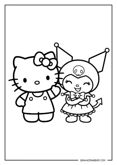 Hello Kitty and Kuromi Friends Coloring Page – Free PDF coloring page preview
