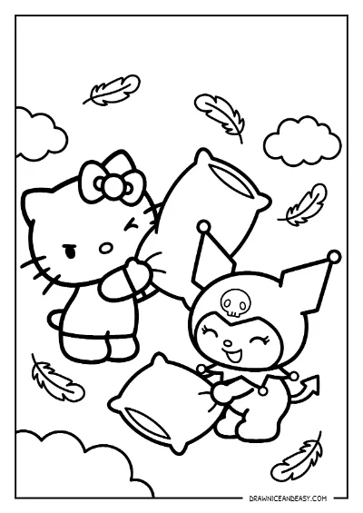 Hello Kitty and Kuromi Pillow Fight Coloring Page – Free PDF coloring page preview