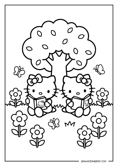 Hello Kitty and Mimmy Garden Nature Coloring Page – Free PDF coloring page preview
