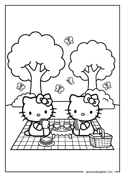 Hello Kitty and Mimmy Picnic Park Coloring Page – Free PDF coloring page preview
