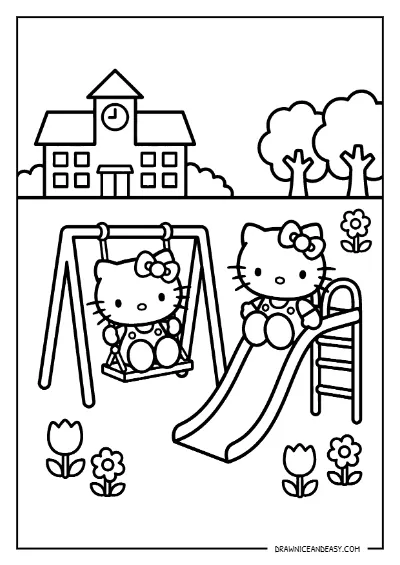 Hello Kitty and Mimmy Playground Slide Coloring Page – Free PDF coloring page preview