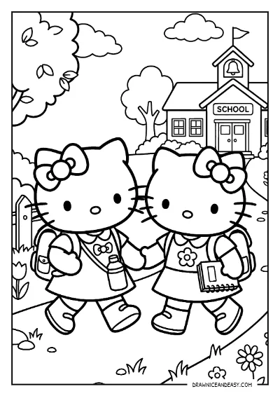 Hello Kitty and Mimmy Walking to School Coloring Page – Free PDF coloring page preview