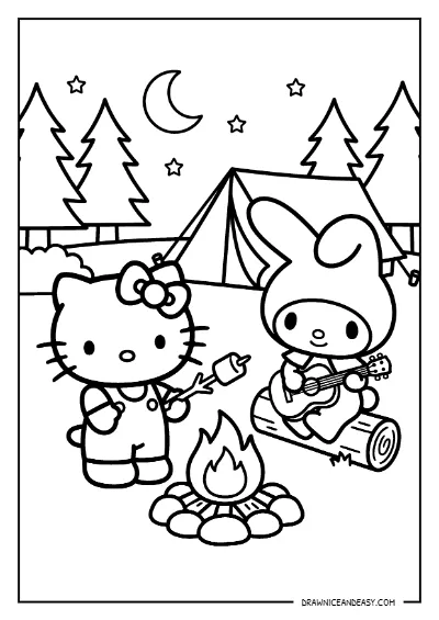 Hello Kitty and My Melody Campfire Coloring Page – Free PDF coloring page preview