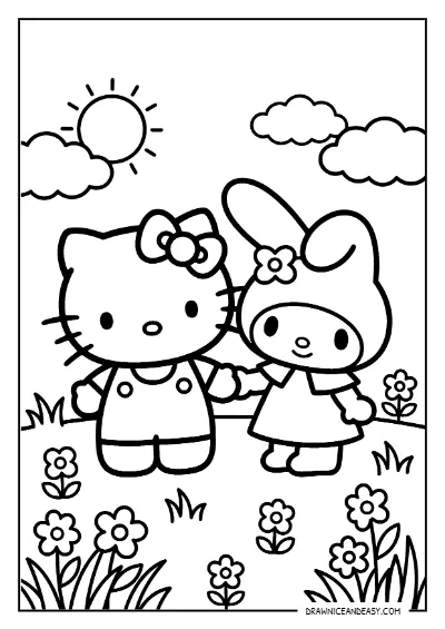 Hello Kitty and My Melody Holding Hands Coloring Page – Free PDF coloring page preview